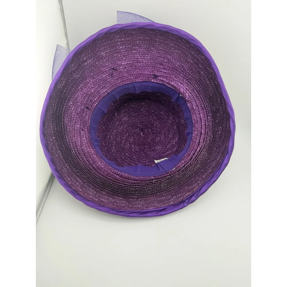 Vintage Purple Straw Cloche Hat Satin Bow Tulle Flower‎ Tea Party Church Wedding